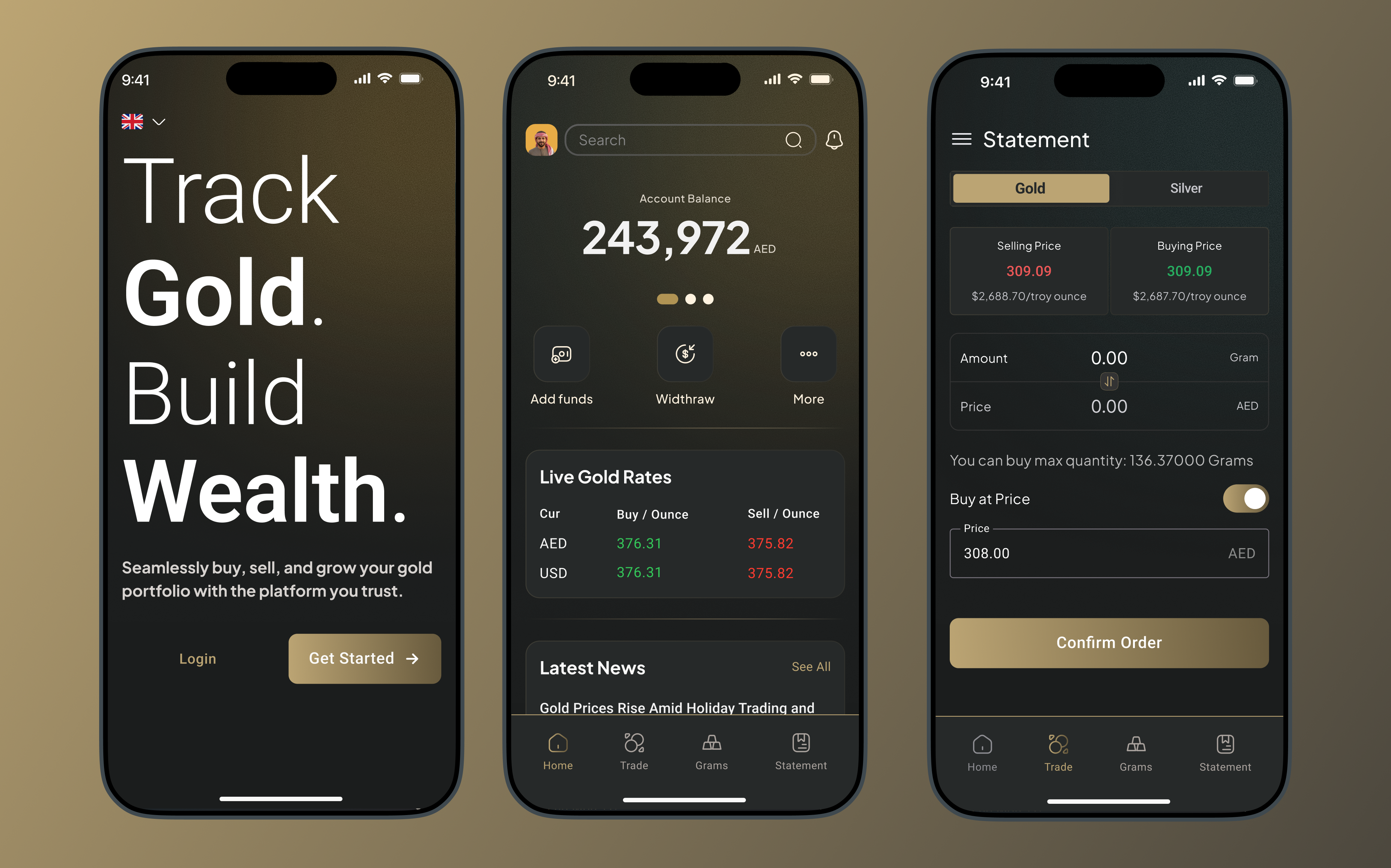 SaveInGold trading app — welcome, dashboard, and trading screens