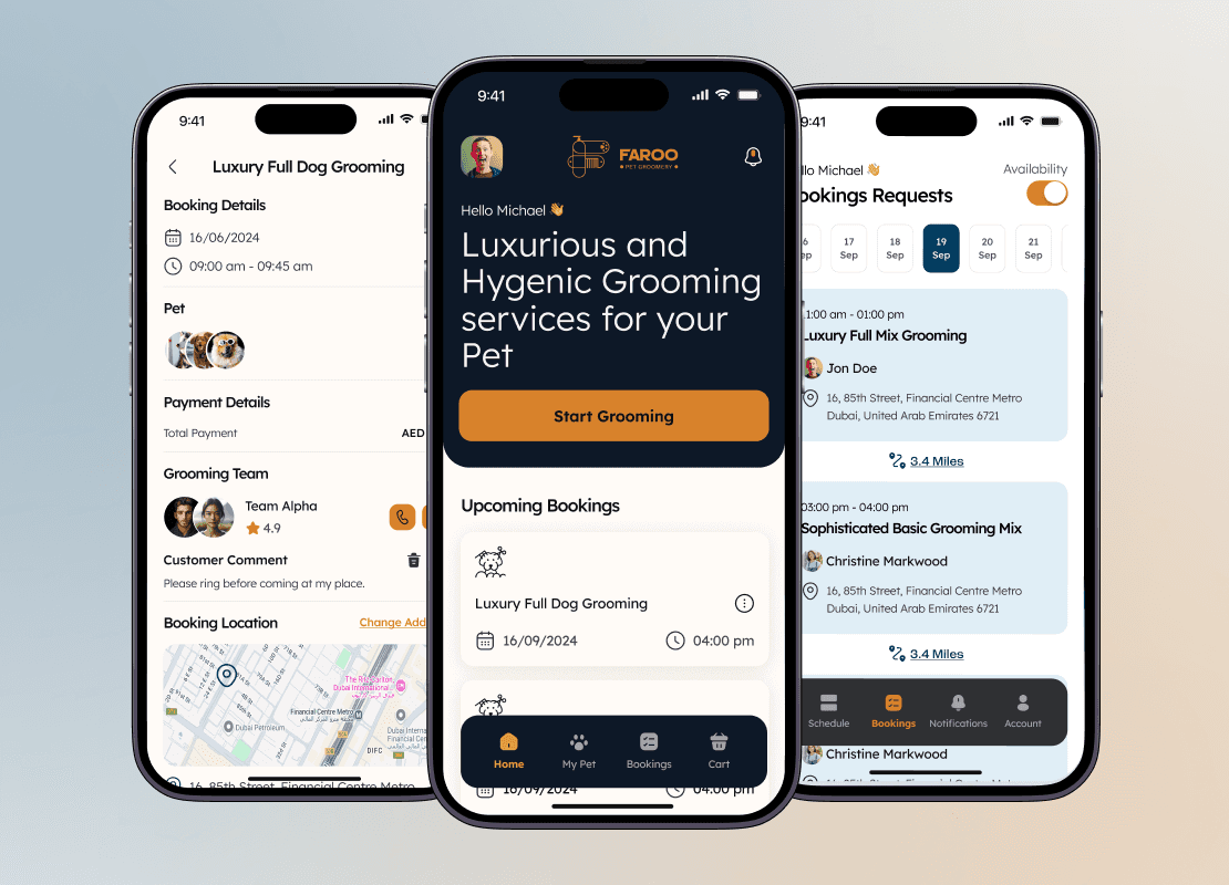Faroo pet grooming app showing booking flow, groomer dashboard, and pet management screens