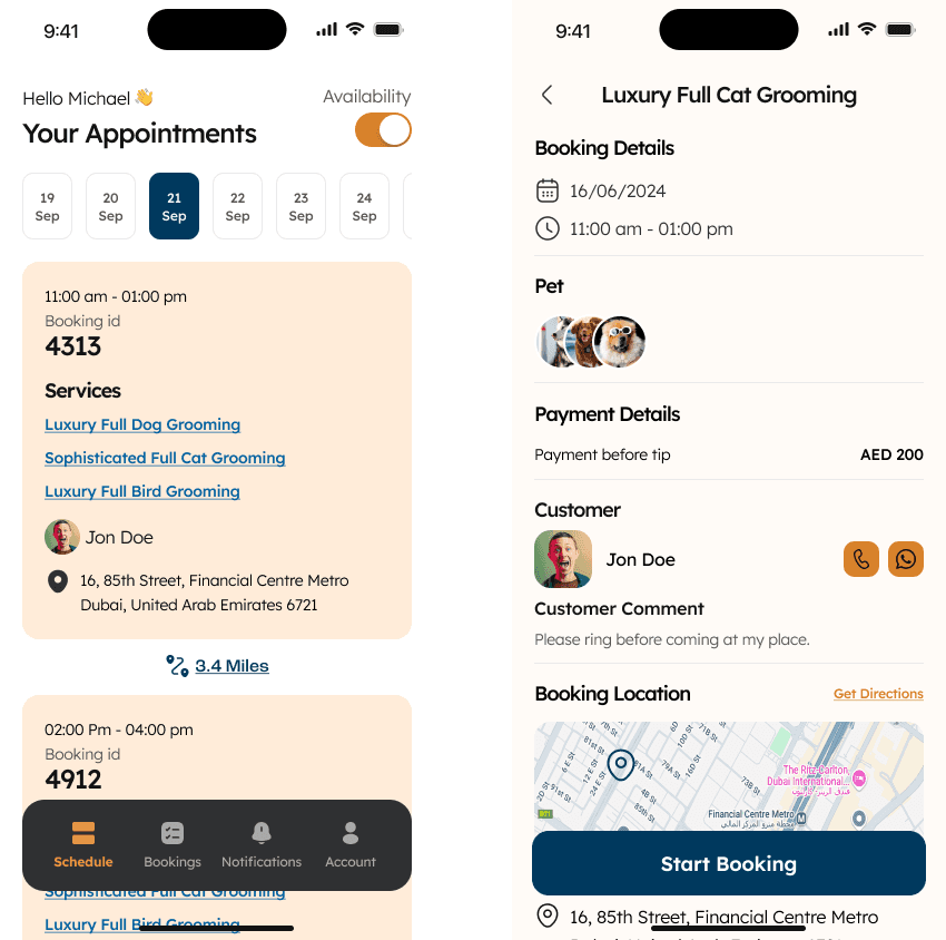 Faroo groomer app — schedule and team management screens