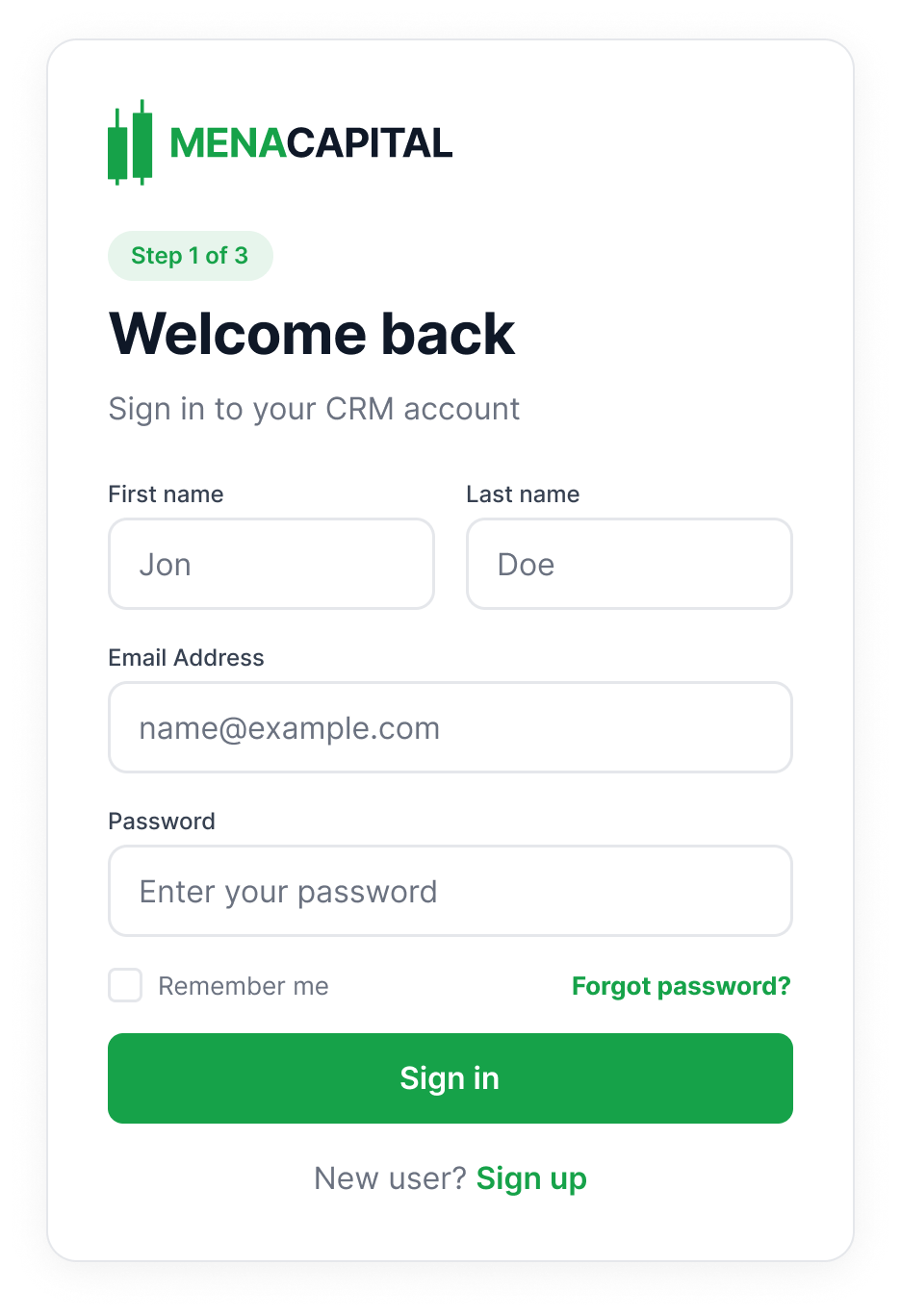 MENA Capital authentication card and login component