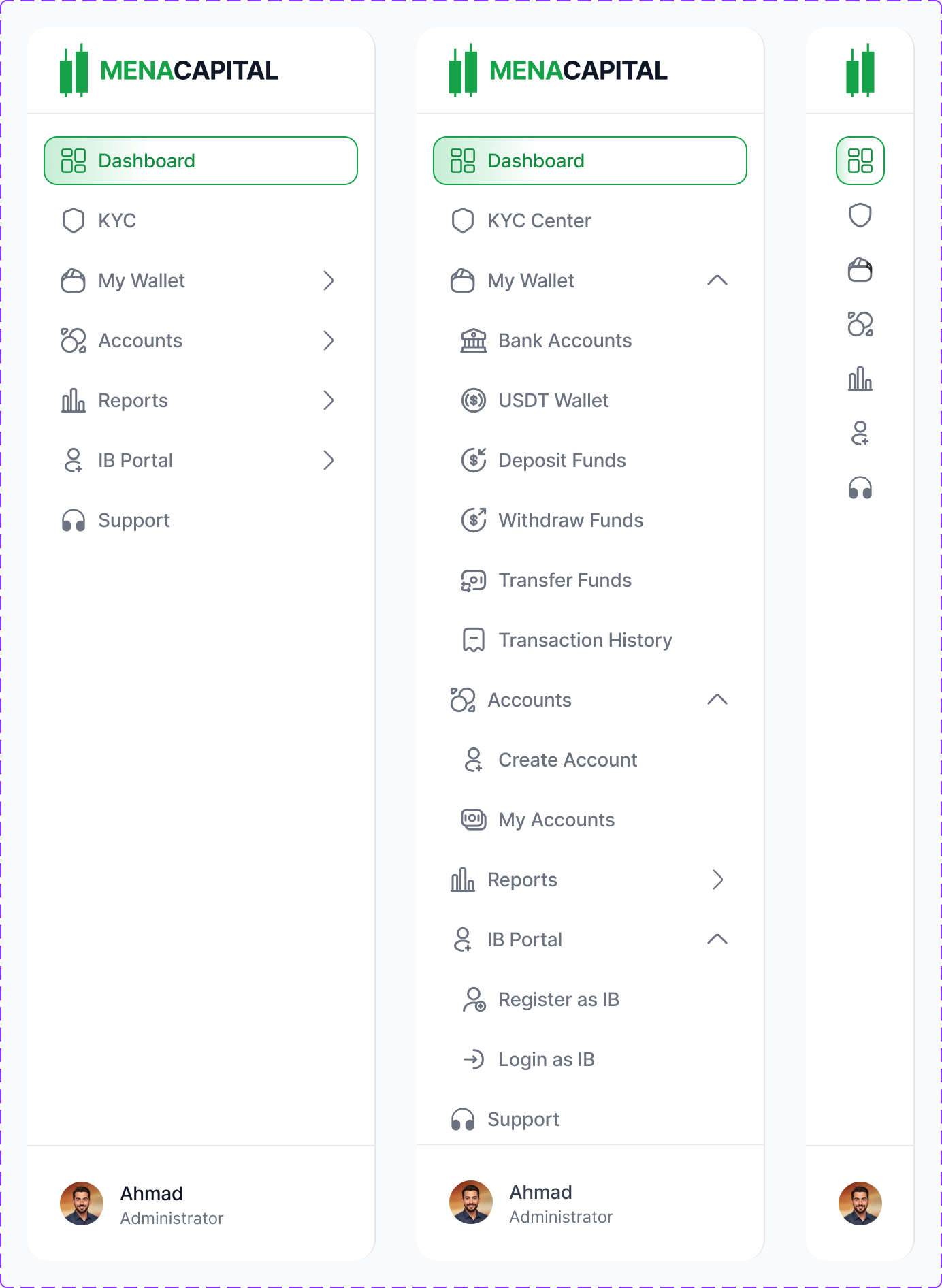 MENA Capital sidebar navigation component with all states