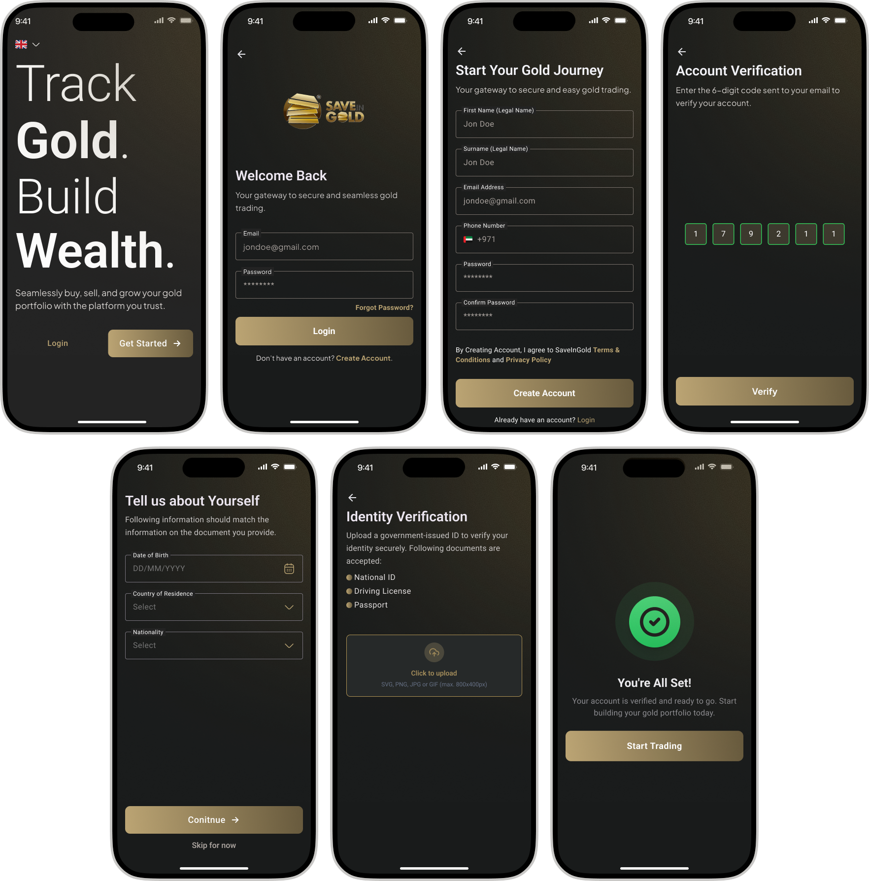 SaveInGold complete registration flow — 7 screens