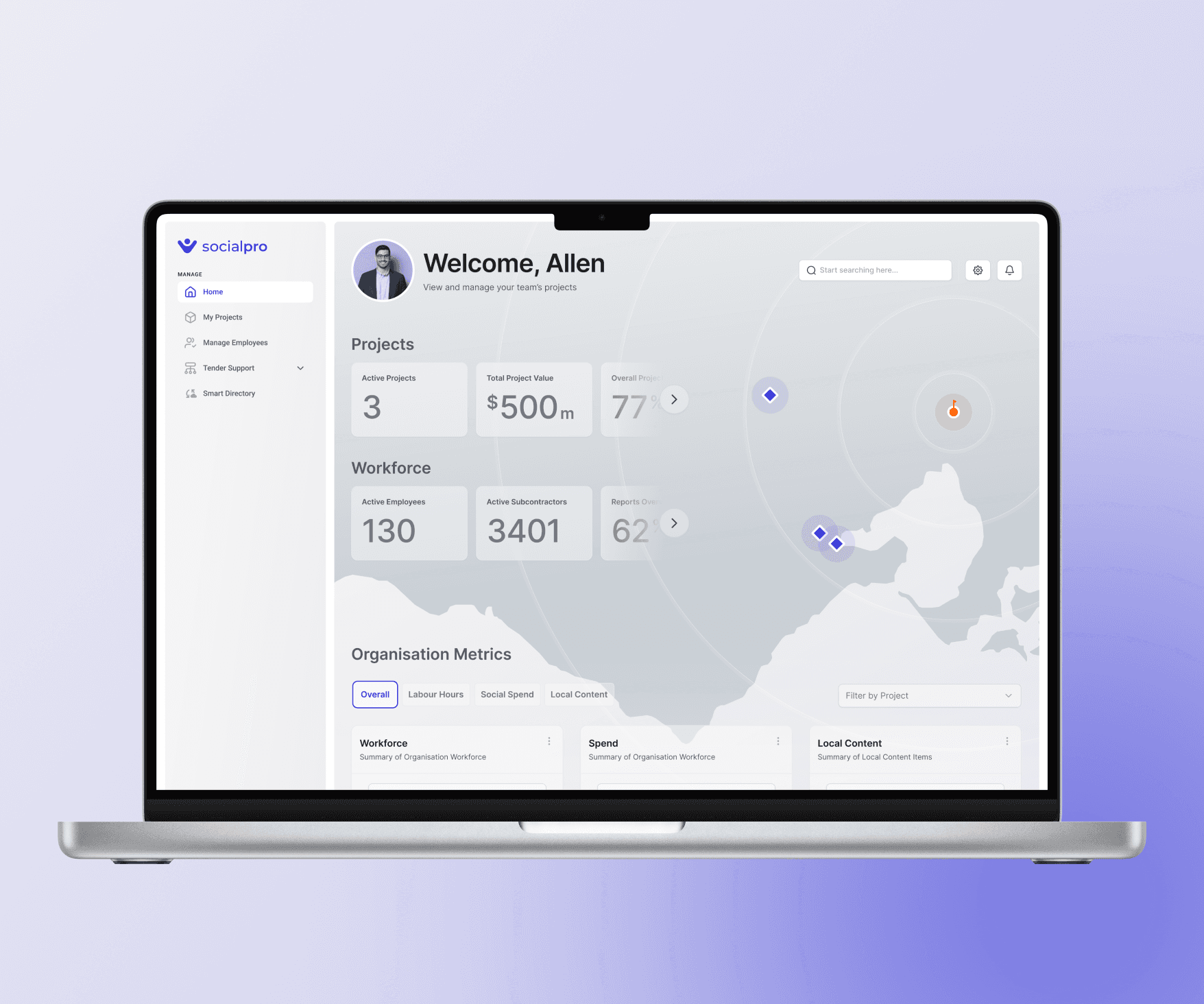 SocialPro reporting dashboard showing project metrics, workforce data, and organisation metrics on a laptop