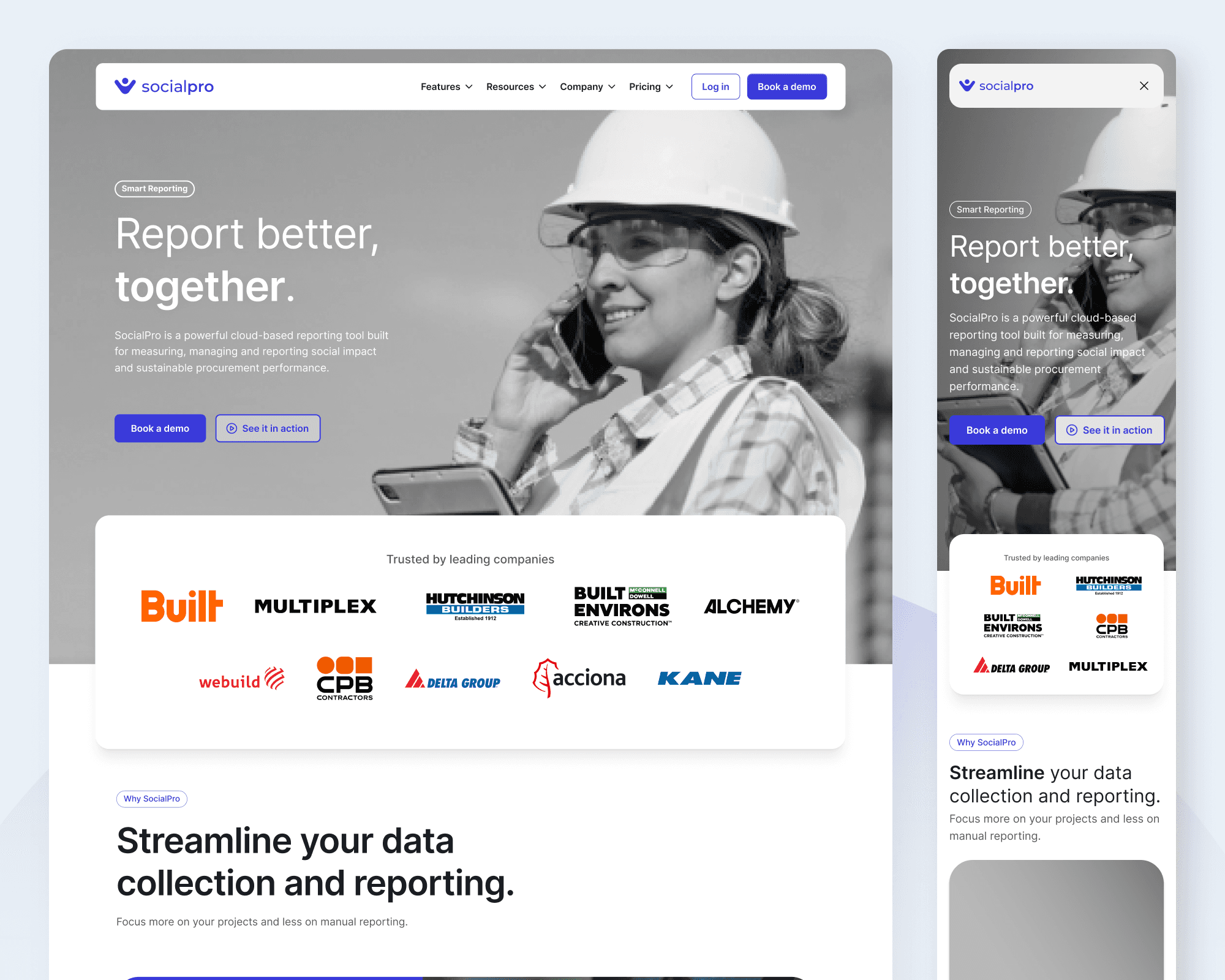 SocialPro website redesign showing hero section, trusted company logos, and streamlined data collection messaging