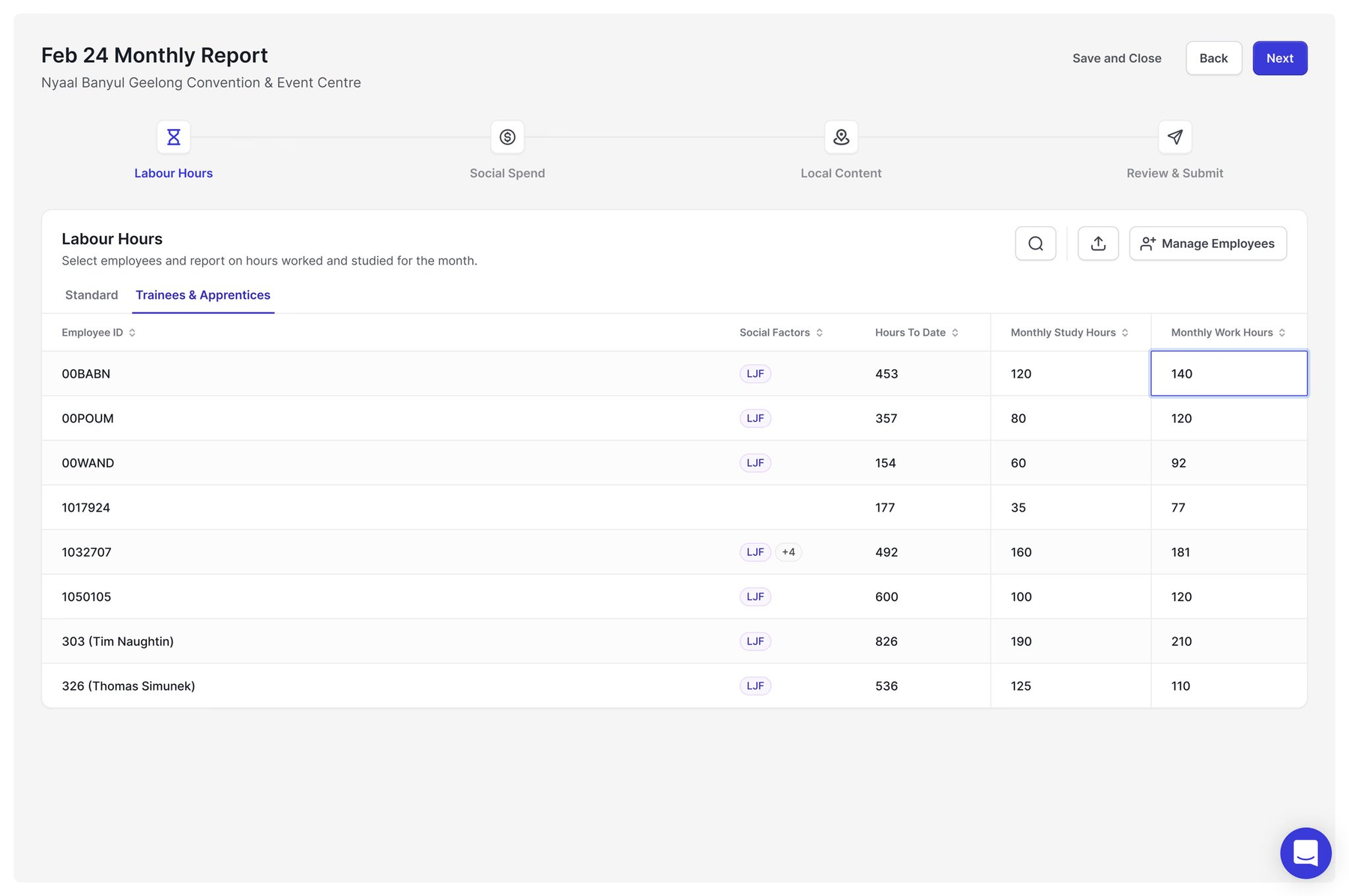 SocialPro labour hours module