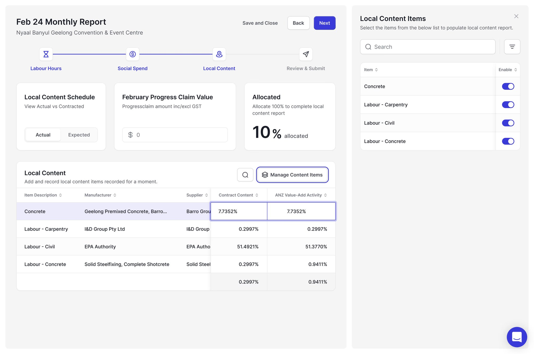 SocialPro local content reporting — allocation tracking with side panel for item selection